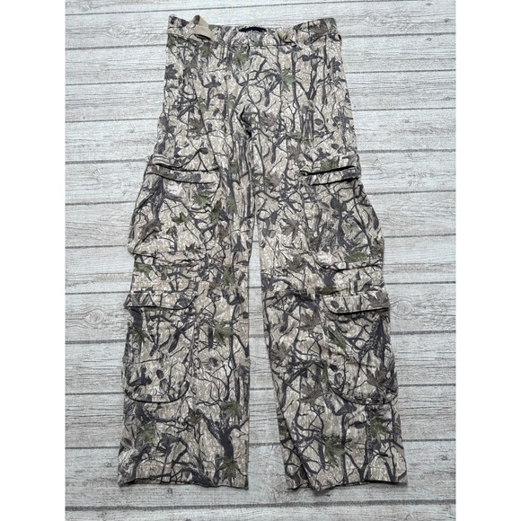refuge Pants - Y2K Cargo Pants Women's Small Gray Camo Tree Print Relaxed Fit Hunting Outdoor